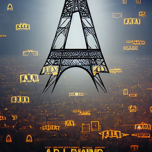 Image similar to A beautiful intricate 8K award-winning cinematic movie photograph of the future Eiffel Tower completely hidden by signs of corporate logos in the year 2043, by Bruno Delbonnel