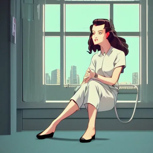 Prompt: portrait of a beautiful girl with dark hair that's styled in a 1940's fashion, dressed in a white t-shirt, sitting in an apartment alone at night, by window that overlooks futuristic city, nighttime, low-key neon lighting, 4k, HQ, official media, anime key visual, makoto shinkai, ilya kuvshinov, lois van baarle, rossdraws, detailed, trending on artstation