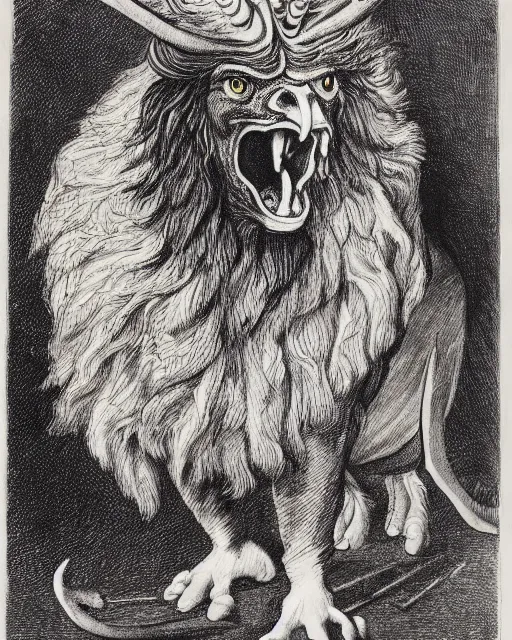 Image similar to a creature with the body and eyes of a man, with the beak of an eagle, the mane of a lion, and the horns of an ox. drawn by francis bacon