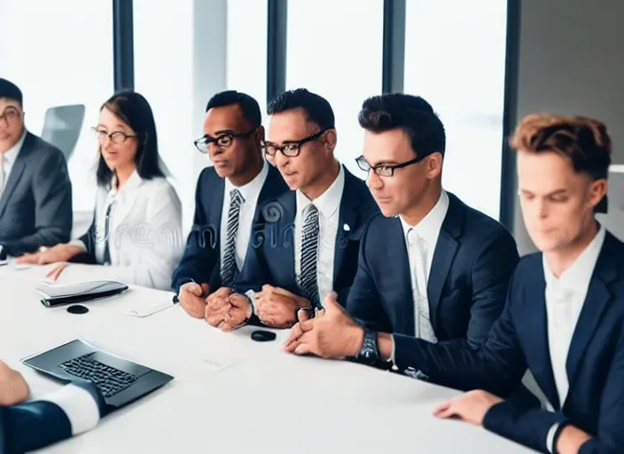 Image similar to photo of cats in suits attending a management board meeting. Highly detailed 8k. Intricate. Sony a7r iv 55mm. Stock photo.