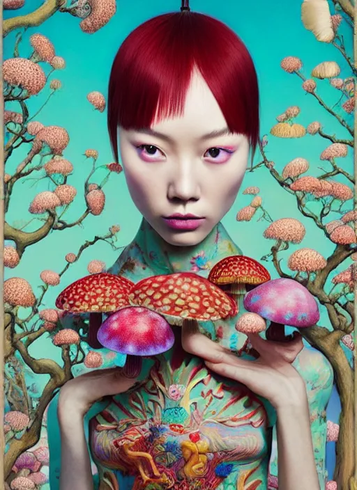 Image similar to pretty chinese model with hallucination mushroom : : by martine johanna and simon stalenhag and chie yoshii and casey weldon and wlop : : ornate, dynamic, particulate, rich colors, intricate, elegant, highly detailed, centered, vogue, harper's bazaar art, fashion magazine, smooth, sharp focus, octane render, 8 k