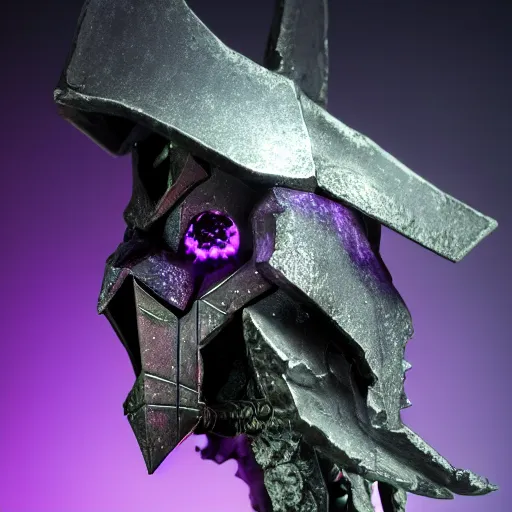 Image similar to Abyss Watcher, Purple Crystals, Mystic Creature, Light fog, purple glowing complex crystal head, black sword with purple flames, raytracing, 40nm lens, shallow depth of field, split lighting, 4k,