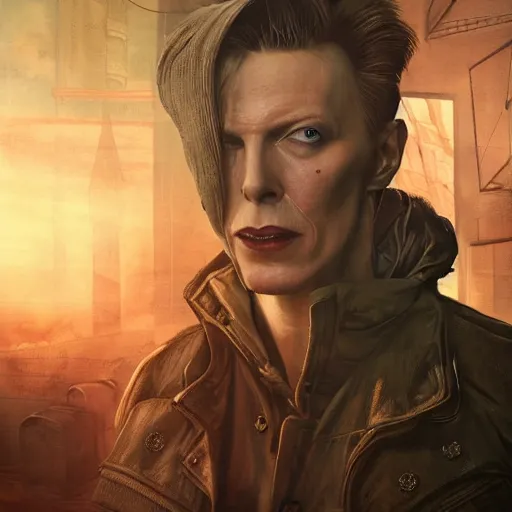 Image similar to fallout 5, charismatic david bowie, portrait, outdoors ruined cityscape, atmospheric lighting, painted, intricate, volumetric lighting, beautiful, daytime, sunny weather, slight overcast, sharp focus, deep colours, ultra detailed, by leesha hannigan, ross tran, thierry doizon, kai carpenter, ignacio fernandez rios