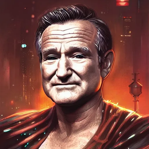 Prompt: robin williams dressed as a bladerunner, sci fi, intricate, elegant, highly detailed, digital painting, artstation, concept art, matte, sharp focus, illustration, luminist and baroque style