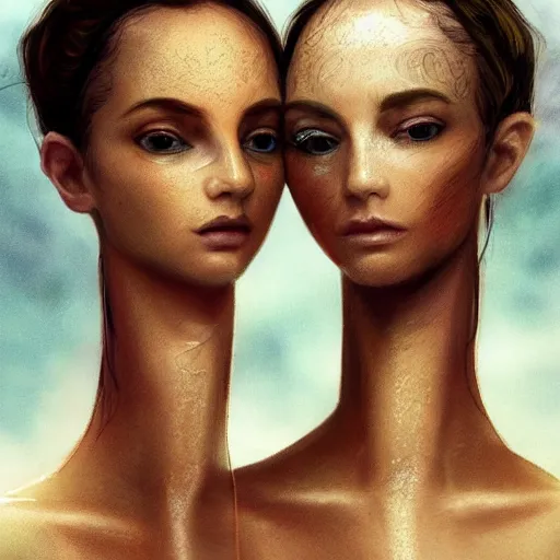 Image similar to two goddesses, third eyes middle of foreheads, long necks, very wide wide shot, very hairy bodies, beautiful colors, eyes in forehead, beautiful lighting, very detailed, eyes reflecting into eyes reflecting into infinity