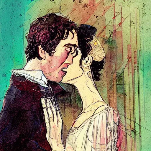 Image similar to expressive pride & prejudice by bill sienkiewicz. a beautiful illustration of a giant head. the head is bald & has a big nose. the eyes are wide open & have a crazy look. the mouth is open & has sharp teeth. the neck is long & thin.