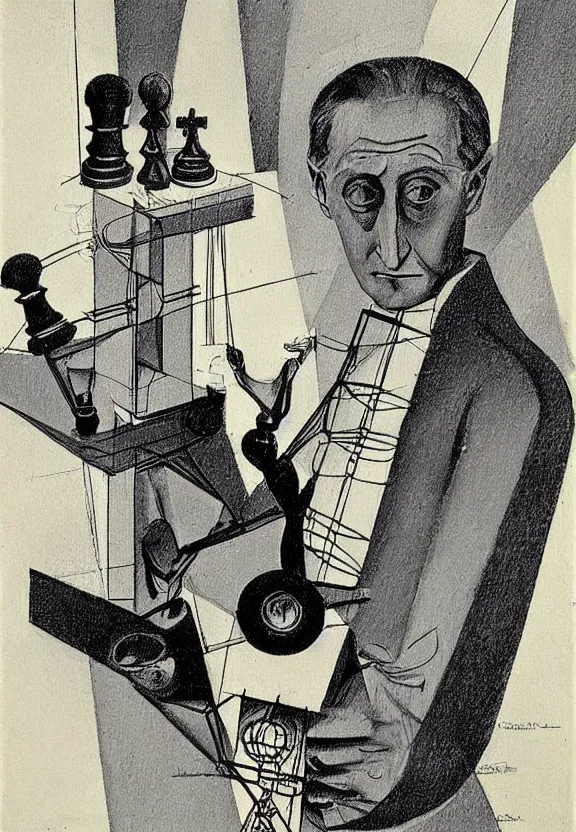 Image similar to a concept drawing of marcel duchamp holding up a chess - piece wire - machine, a surrealist painting by marcel duchamp, complex artificial - intelligence machinery, minimal sketch flow - chart, academic art, 1 9 2 0 s