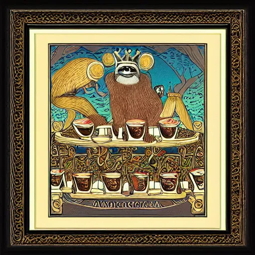 Image similar to sloth as the king of cups, framed, intricate details