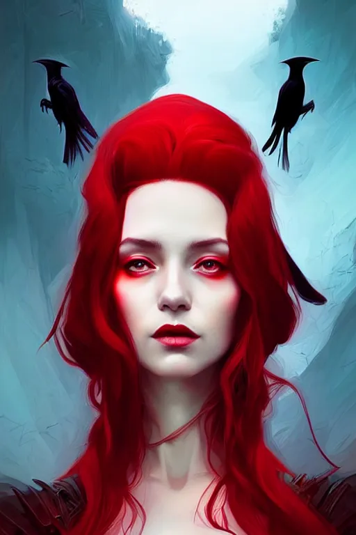 Prompt: a portrait of red witch queen with raven, fantasy, sharp focus, intricate, elegant, digital painting, artstation, matte, highly detailed, concept art, illustration, ambient lighting, art by ilya kuvshinov, artgerm, jingna zhang, and greg rutkowski