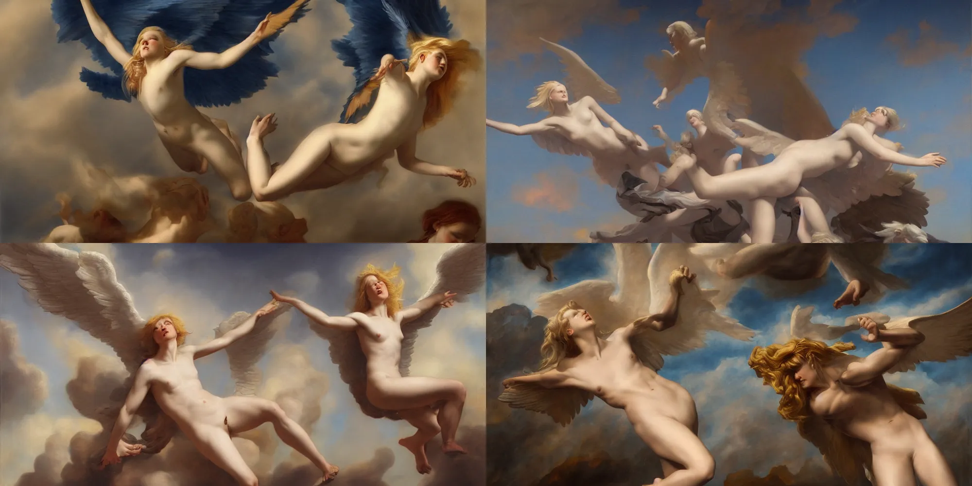 Prompt: a blonde angel descending from heaven to the blue hell, shadow people, dramatic light, by roberto ferri