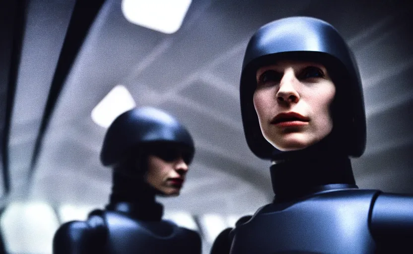 Image similar to cinestill 5 0 d candid photographic portrait by helen levitt of a feminine male android wearing black techwear on a brutalist dystopian spaceship, medium closeup, modern cyberpunk suspense emotional cinematic, solar storm, 8 k, hd, high resolution, 3 5 mm, f / 3 2, ultra realistic faces, ex machina