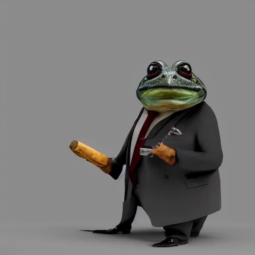 Image similar to a high quality photo of an antropomorphic mafia frog wearing a suit smoking a cigar, 3d scene, render, ultra realistic, artstation, cgsociety