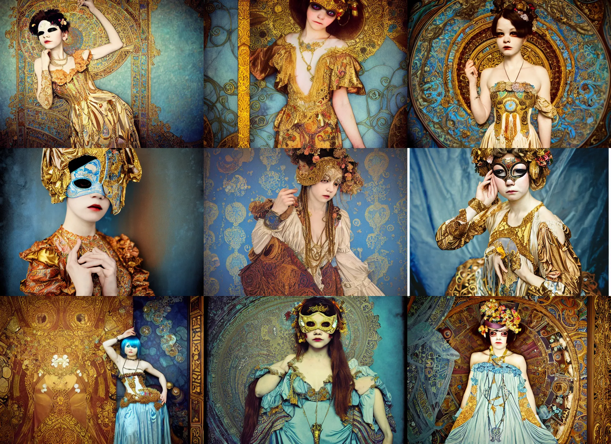 Prompt: lomography, full body portrait photo of a reol wide ballroom hall masquerade party, wearing an ornate dress by alphonse mucha andgustav klimt, yoshitaka amano, moody, realistic, dark, skin tinted a warm tone, light blue filter, hdr, cinematic, rounded eyes,, detailed facial features