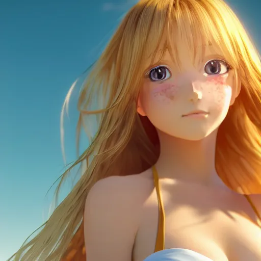 Image similar to Render of a very beautiful 3d anime girl, long hair, hazel eyes, cute freckles, full round face, short smile, cute sundress, golden hour, serene beach setting, medium shot, mid-shot, highly detailed, trending on Artstation, Unreal Engine 4k wallpaper