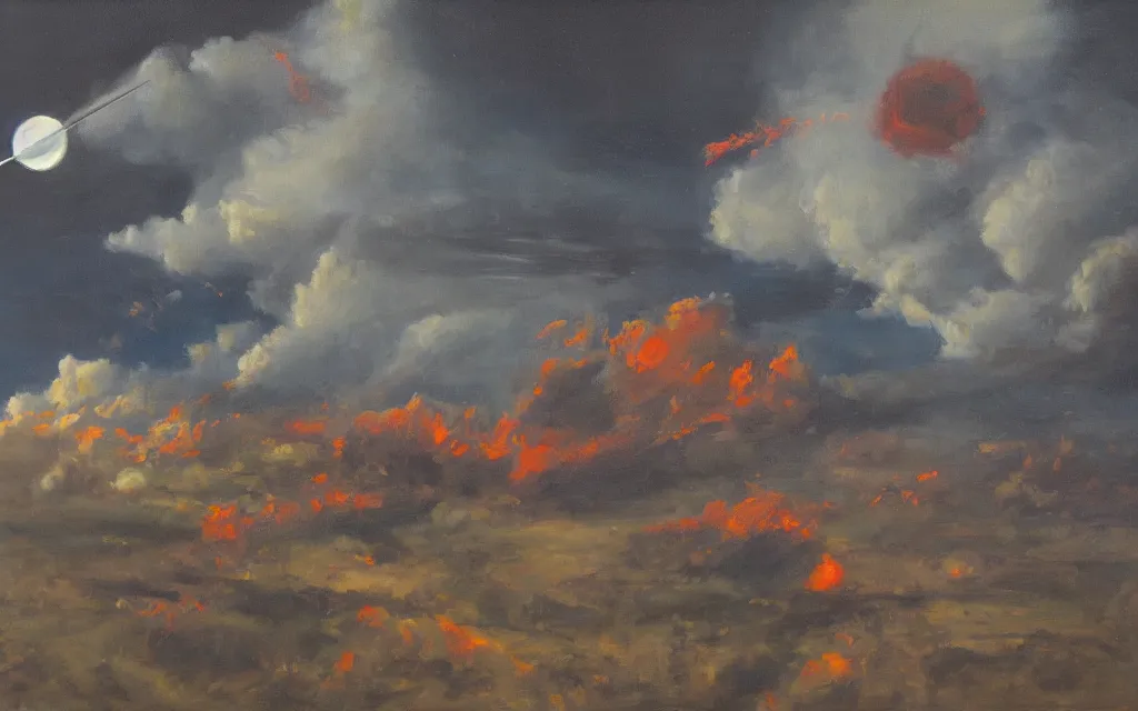 Prompt: rockets, ominous sky, oil on canvas, by edelfelt