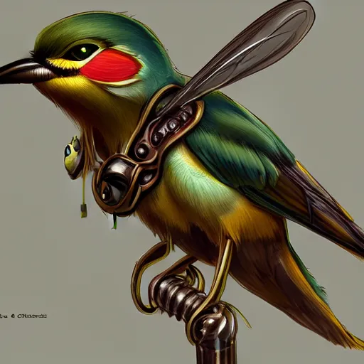 Prompt: a concept art of a steampunk bee eater. Trending topic on artstation. 8k. Highly detailed.