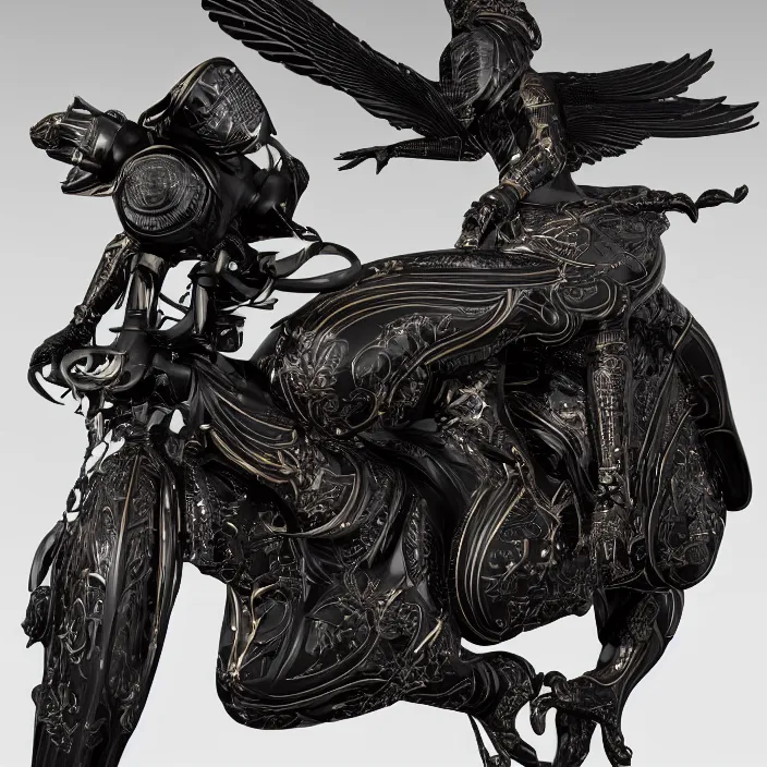 Image similar to fine art statue of black egyptian man on a surrealist motorbike motorcycle, ebony art deco, carved black marble, inlaid with ebony and gold accents, ebony rococo, wings black lace wear, spider zero, zaha hadid, beautifully lit, hyper detailed, octane render, intricate, elite, ornate, photorealistic, micro details, 3 d sculpture, ray trace