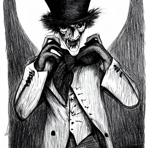 Prompt: a Pop Wonder scary horror themed goofy-hilarious-character Mad-Hatter-babadook-wearing a scarf, 3-piece-suit, dime-store-comic drawn with charcoal and pen and ink, half-tone-line-stacking