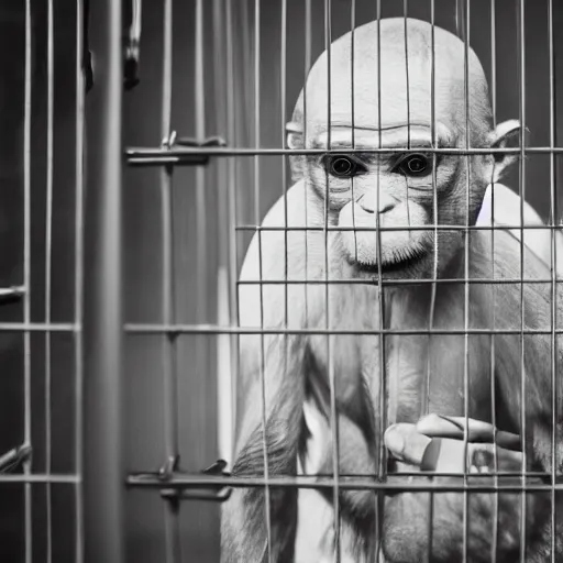 Image similar to bald white man wearing a monkey suit inside a cage. 5 0 mm f 5. 7