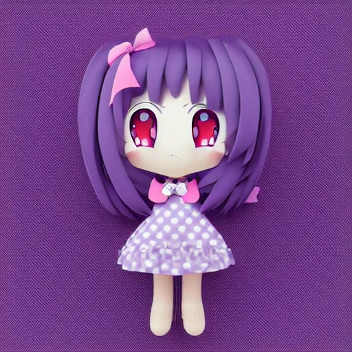 Prompt: cute fumo plush of a girl in a purple polka dot dress, anime, character silhouette, edge glow, cel shaded pbr, vray