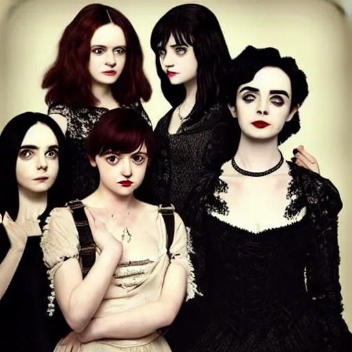 Image similar to beautiful gothic portrait of Maisie Williams, Krysten Ritter, Anne Hathaway and Natalia Dwyer Christina Ricci and Lily Collins