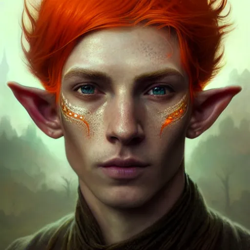 Image similar to portrait painting of an elven eladrin young man with short light orange hair and freckles and fine tribal tattoos on his cheekbones, ultra realistic, concept art, intricate details, eerie, highly detailed, photorealistic, octane render, 8 k, unreal engine. art by artgerm and greg rutkowski and charlie bowater and magali villeneuve and alphonse mucha