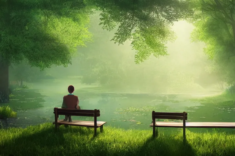 Prompt: a prince sits on a bench in a forest in front of a pond in the center, green color scheme, morning, mist, sun rays, artstation,