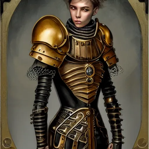 Prompt: Lofi steamPunk portrait medieval knight wearing black and gold plate armor Pixar style by Tristan Eaton Stanley Artgerm and Tom Bagshaw