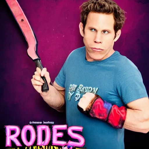 Image similar to dennis reynolds wearing half of a jason hokey mask. pink and blue neon with red and black letters in neon font that says the golden god butcher knife movie poster