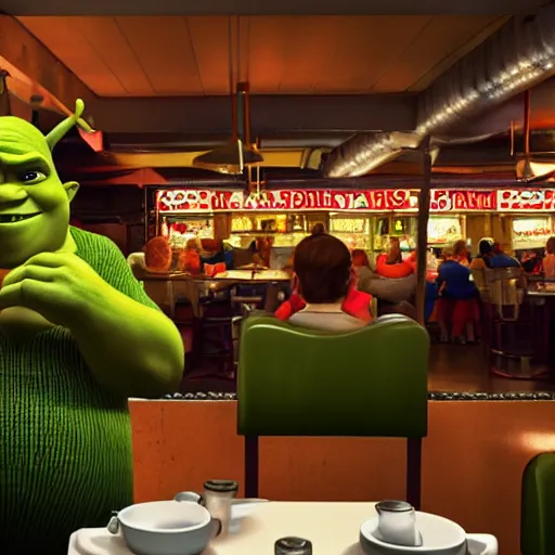 Image similar to inside of a diner, cozy lighting, late night, shrek in foreground, photo