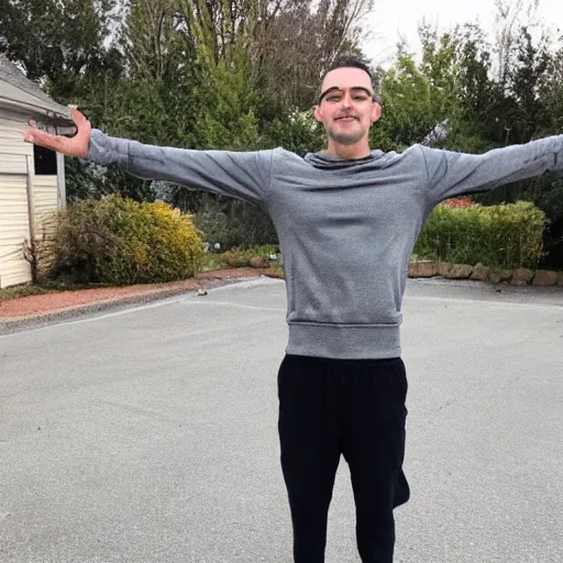 Image similar to Rocco Botto wearing gray sweatshirt and gray sweatpants and gray 👟 standing in a T-pose on a suburban residential street.