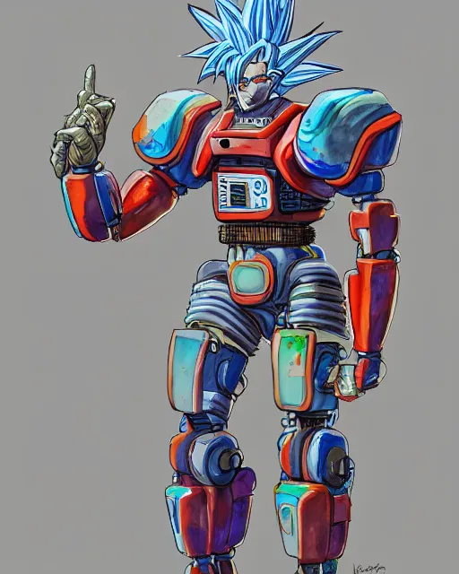 Image similar to a watercolor painting full body character portrait of a cybernetic half robot super saiyan in the style of moebius in the style of leonard boyarsky trending on artstation deviantart pinterest hyper detailed photorealistic highlights and shadow hd 8 k post - processing high resolution