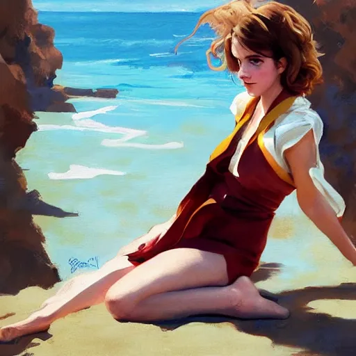 Prompt: pinup art of emma watson as hermione granger in a beach, artwork by greg manchess, medium shot, asymmetrical, organic painting, sunny day, matte painting, bold shapes, hard edges, street art, trending on artstation, by huang guangjian and gil elvgren and sachin teng 1 9 5 6