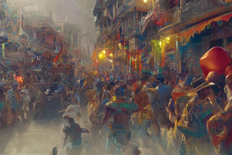 Image similar to carnaval de barranquilla colombia, thorough details, intricate, artstation, atmosphere, highly detailed, craig mullins, james jean, digital painting, deviantart, cinematic lighting, 4 k