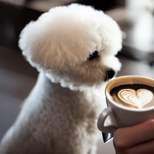 Image similar to a closeup photorealistic photograph of barista drawing bichon frise shaped latte art in a cup. professional capture, well lit shot. this 4 k hd image is trending on artstation, featured on behance, well - rendered, extra crisp, features intricate detail, epic composition and the style of unreal engine.