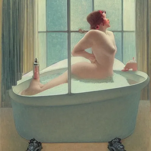 Image similar to dreamy oil painting of young woman in a large bathtub full of milk, smiling with her eyes closed as she washes herself, city lights from art deco window, hopper, mucha, irene patten, manara