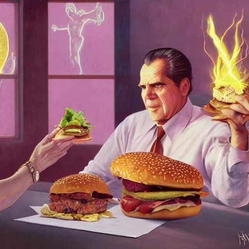 Prompt: Richard Nixon with pink pixie haircut eating giant hamburgers, sexy sesame seed buns, extra bacon lettuce and tomato, french fries levitate in the background and cast holy light, drawn by Donato Giancola and Jon Foster, frank frazetta, alphonse mucha, background by James Jean and gustav klimt, 4k, volumetric lighting, trending on artstation, hyperrealistic