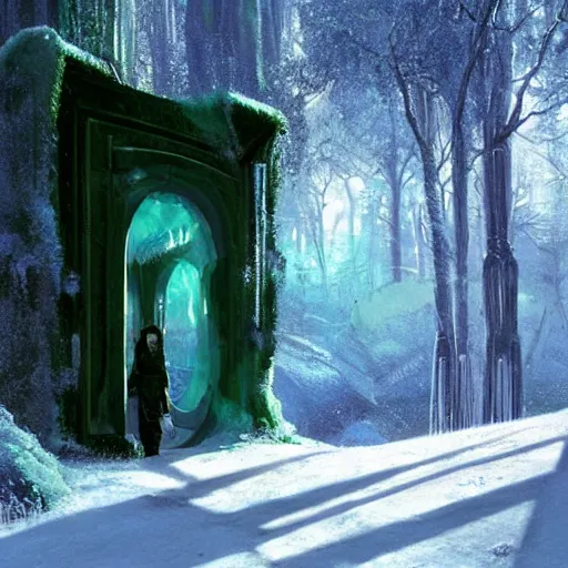 Image similar to frozen derelict portal in a middle of a snowy lush futuristic forest, green lush world seen only through a portal, daylight, cinematic lighting, blue sky, syd mead, john harris