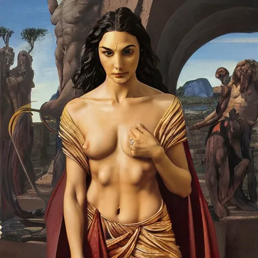 Image similar to Full body oil painting of the beautiful woman Gal Gadot, she is wearing a peplos and a surreal ornate, her hair is natural disheveled, she is approaching heaven, she is standing in some ancient ruins, naturalism, dramatic lighting, high-detailed oil painting by Ilya Repin, Michelangelo da Caravaggio, William Blake, Alex Grey and Beksinski, trending on Artsatio, hystorical painting, masterpiece, 4k, 8k,