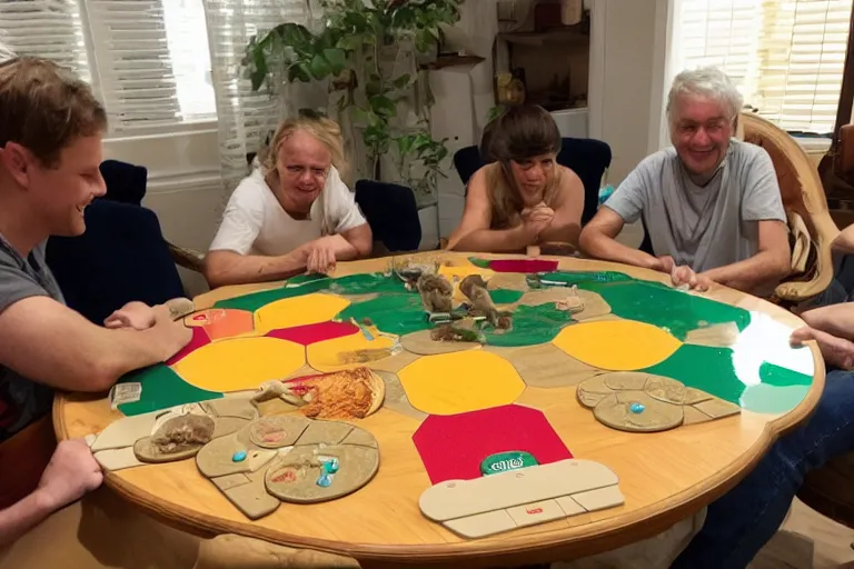 Prompt: Cats sitting around a table playing Settlers of Catan