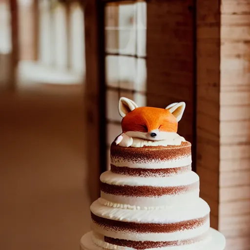 Prompt: studio photography of wedding cake in the shape of a fox