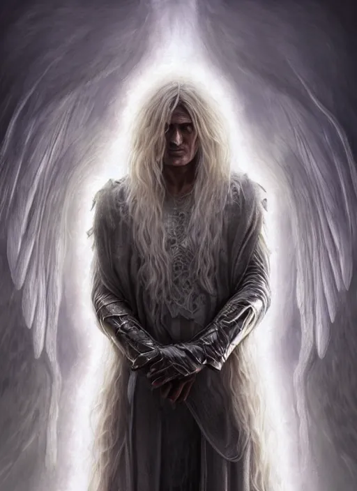 Prompt: Portrait of Dolph Lundgren, white glowing eyes, silver shaggy hair, cloak, ethereal wings, male, fantasy, extremely detailed, digital painting, artstation, concept art, smooth, sharp focus, illustration, stunning lighting, art by artgerm and greg rutkowski and alphonse mucha and simon stalenhag, realistic character concept, high fantasy, light atmosphere, golden ratio, cinematic lighting, hyperdetailed, high resolution, insanely detailed and intricate, artstation, Marc Simonetti, Greg Rutkowski, 8k