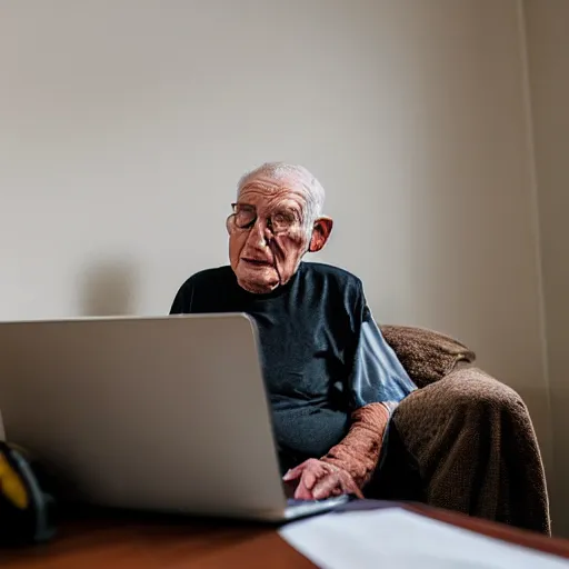 Image similar to elderly man sitting inside a casket browsing internet on laptop from a casket casket