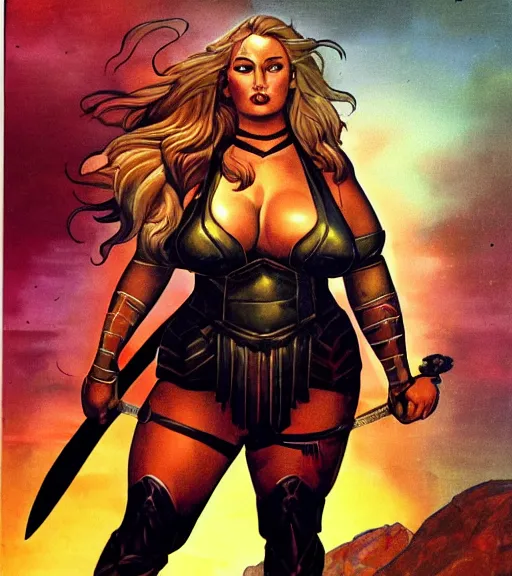 Image similar to 1 9 8 0 s fantasy novel book cover, bbw plus size amazonian sophie turner in extremely tight bikini armor wielding a cartoonishly large sword, exaggerated body features, dark and smoky background, low quality print
