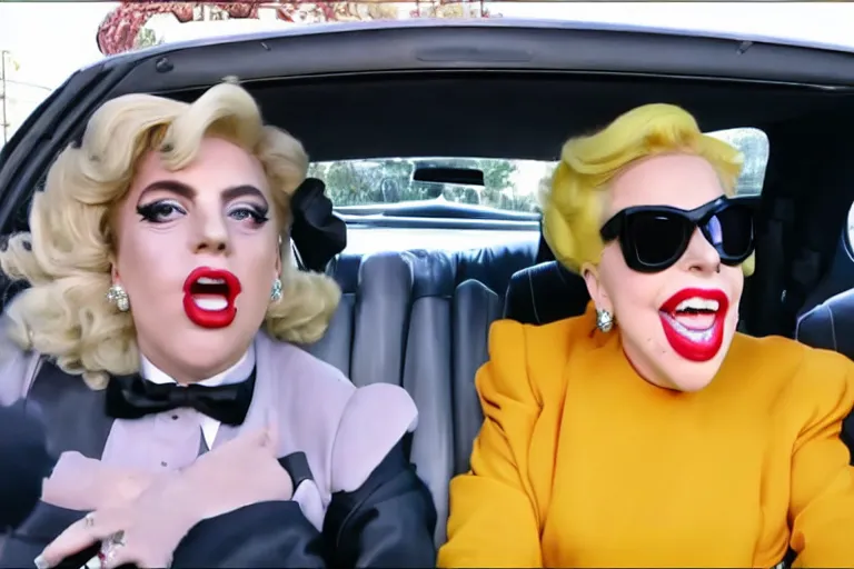 Image similar to lady gaga and judy garland doing carpool karaoke, lady gaga and judy garland, carpool karaoke, lady gaga, judy garland, carpool karaoke, youtube video screenshot, the late late show with james corden, higly realistic, high resolution, dashcam