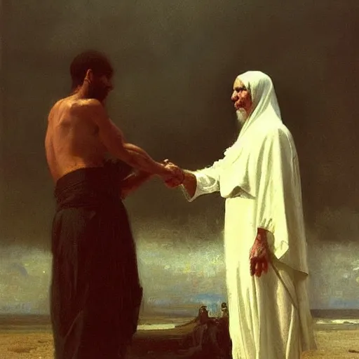 Image similar to A portrait of God and Death shaking hands, vertical symmetry, wide shot, photorealistic, beautiful moody artwork by Ilya Repin and Asher Duran