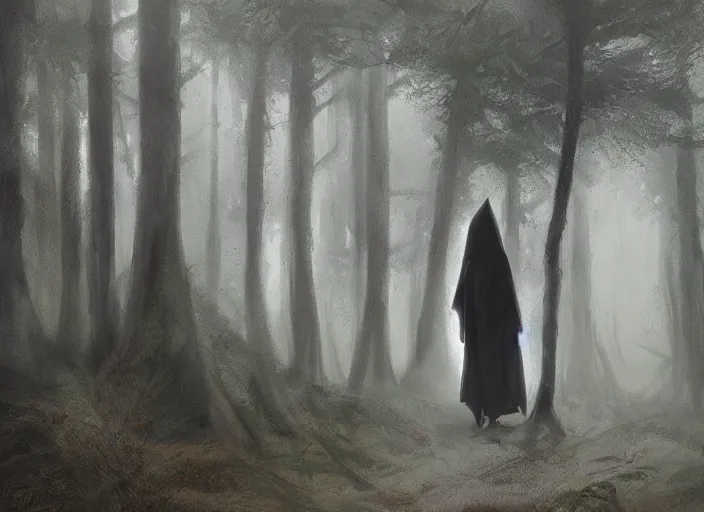 Prompt: A figure with a dark cloak wondering around in a forest, Greg Rutkowski