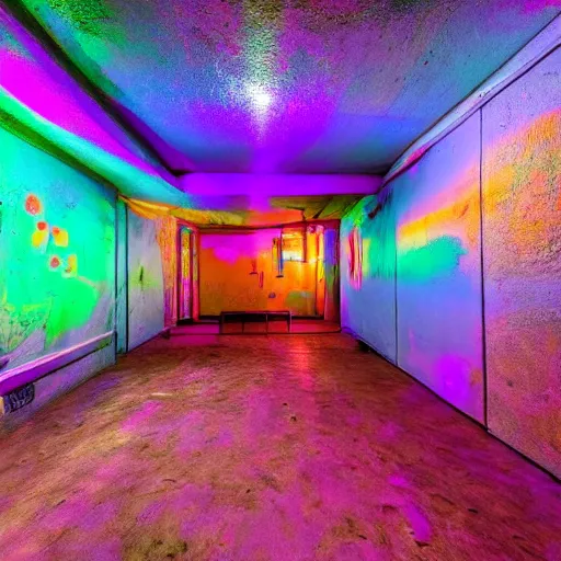 Image similar to psychadelic dmt large basement, perfect for smoking dmt, photograph 4k