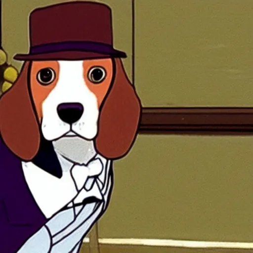 Image similar to a beagle wearing a business suit and fedora, studio ghibli