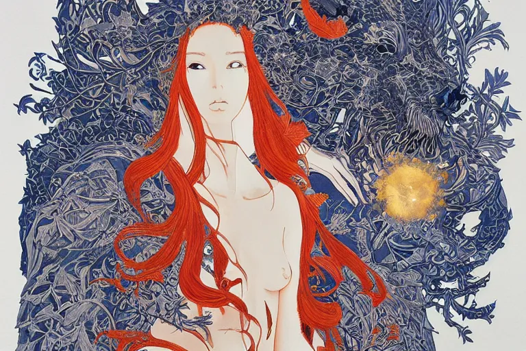 Image similar to werewolf portrait, phoenix in fire, orthodox saint, amalgamation of leaves and flowers. balenciaga, intricate complexity. matte paper, cut paper texture. by Jeffrey Catherine Jones, James jean, Miho Hirano, Hayao Miyazaki, coarse gritby. Full of light-blue and silver and white layers. Exquisite detail 8K